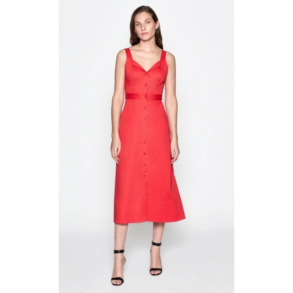NWT 🔥Equipment Red Oleisa Dress Button Front Sleeveless V-neck Tea Midi Red 4